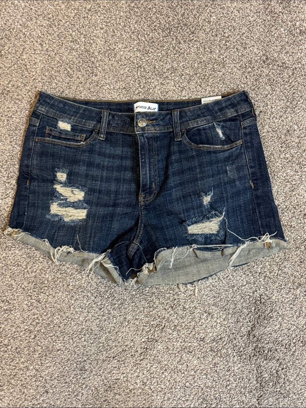 SOLD BLUE Dark Indigo Distressed Rolled Hem Denim Shorts